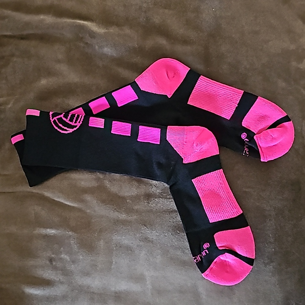 🏐 Mid-Calf Crew Socks, Volleyball Logo - Large (Black/Neon Pink)